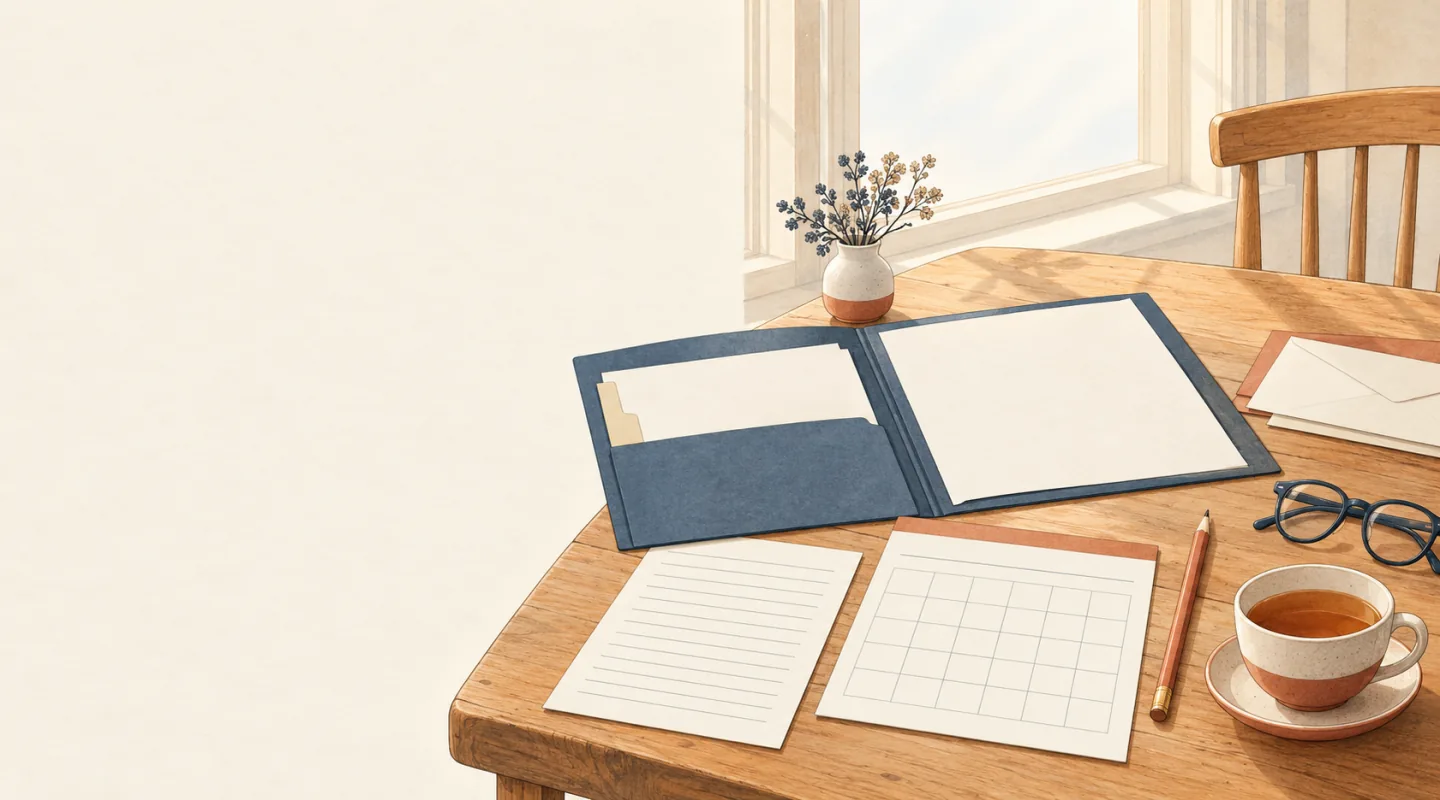 Table en bois près d’une fenêtre avec un porte-documents bleu ouvert, une feuille lignée et une grille de calendrier vierges, un crayon, des lunettes et une tasse de thé