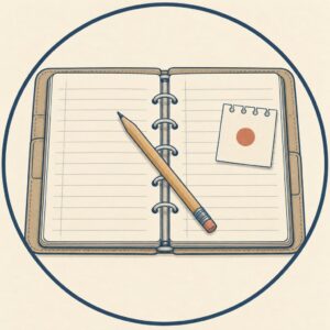 Emblème d’Anahid Kalfayan : un classeur ouvert sur des pages vierges, un crayon et un feuillet marqué d’un point